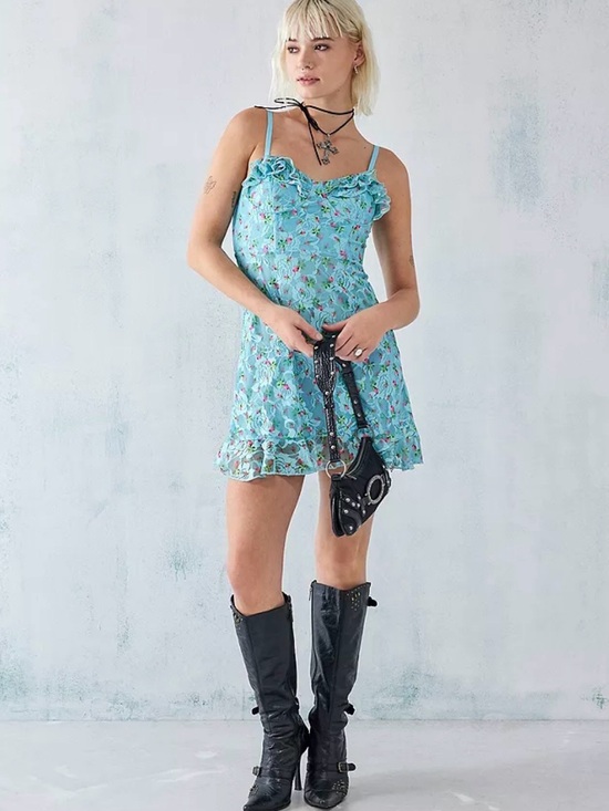 Betsey Johnson Dresses & Skirts - Betsey Johnson Aqua Pink Floral Lacey Mini Dress